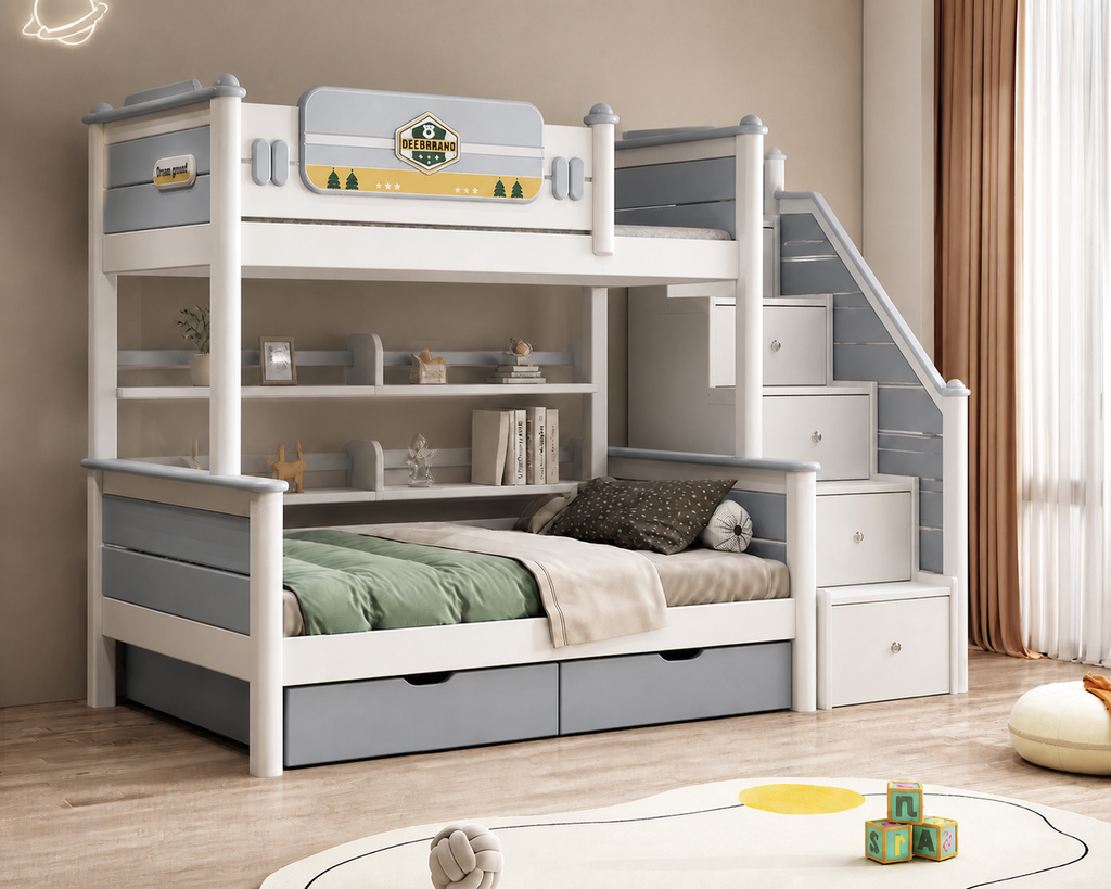 Model 6329 – Bed with Storage Steps, Bookshelf and Drawer configuration illustration