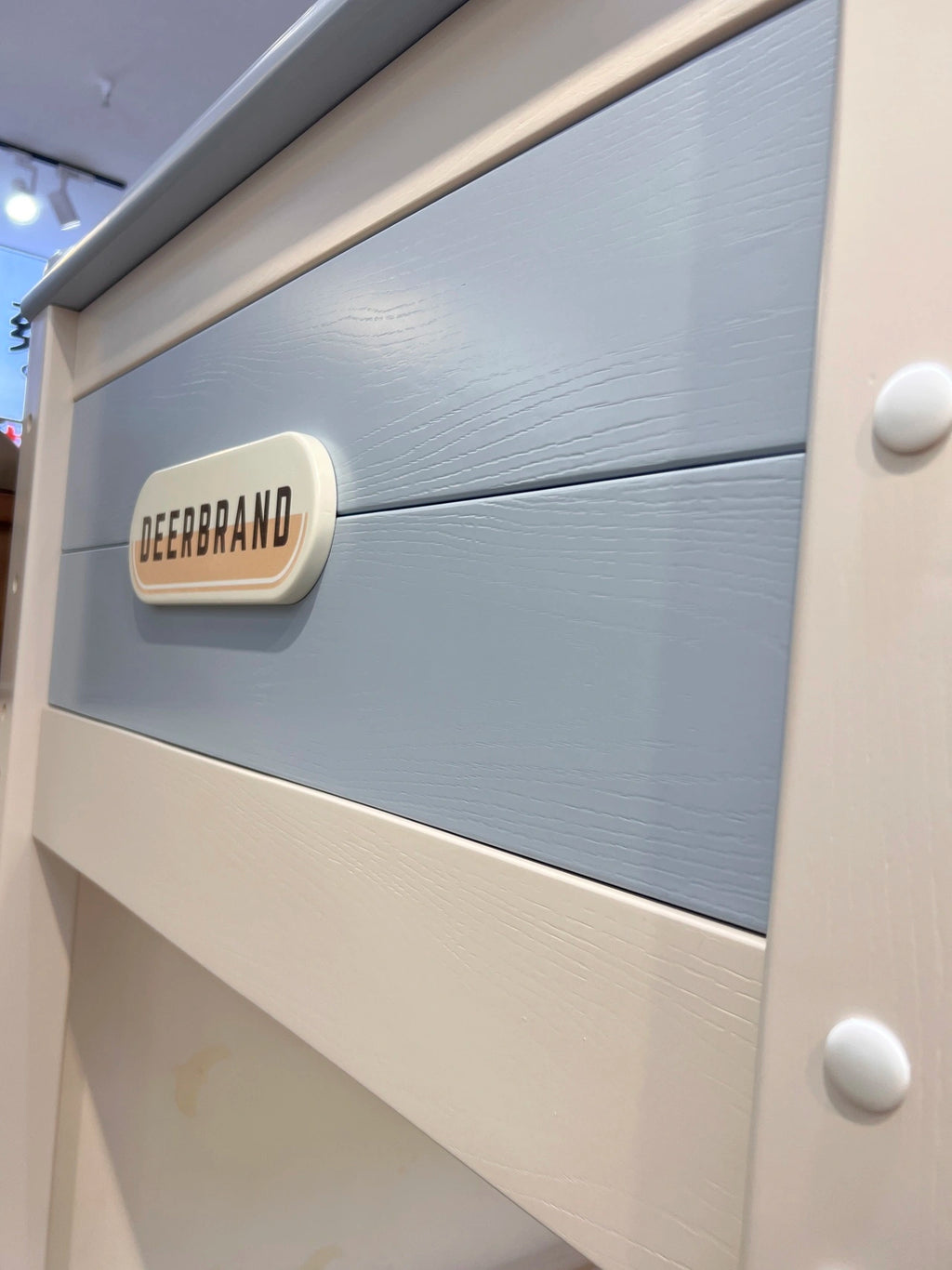 Model 6329 blue side panel and wood finish detail