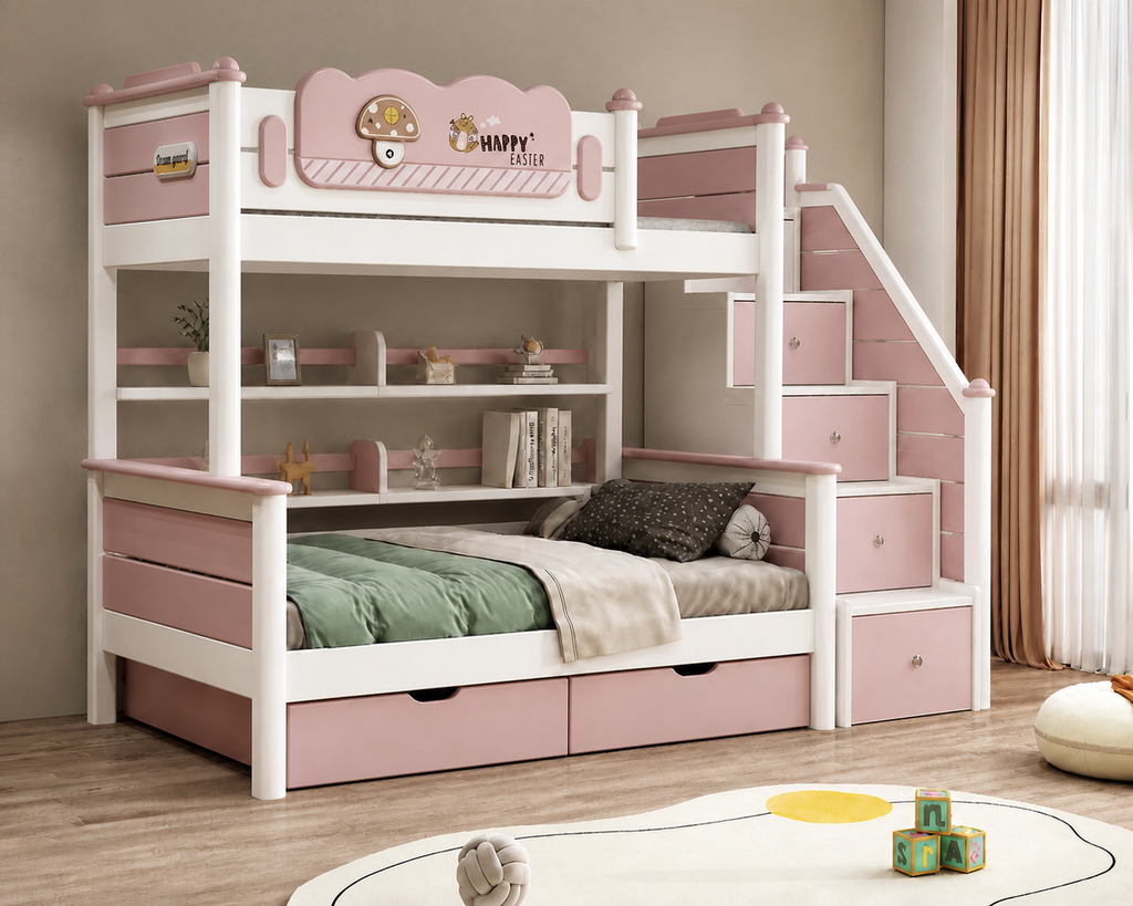 Model 6331 – Bed with Storage Steps, Bookshelf and Drawer configuration illustration