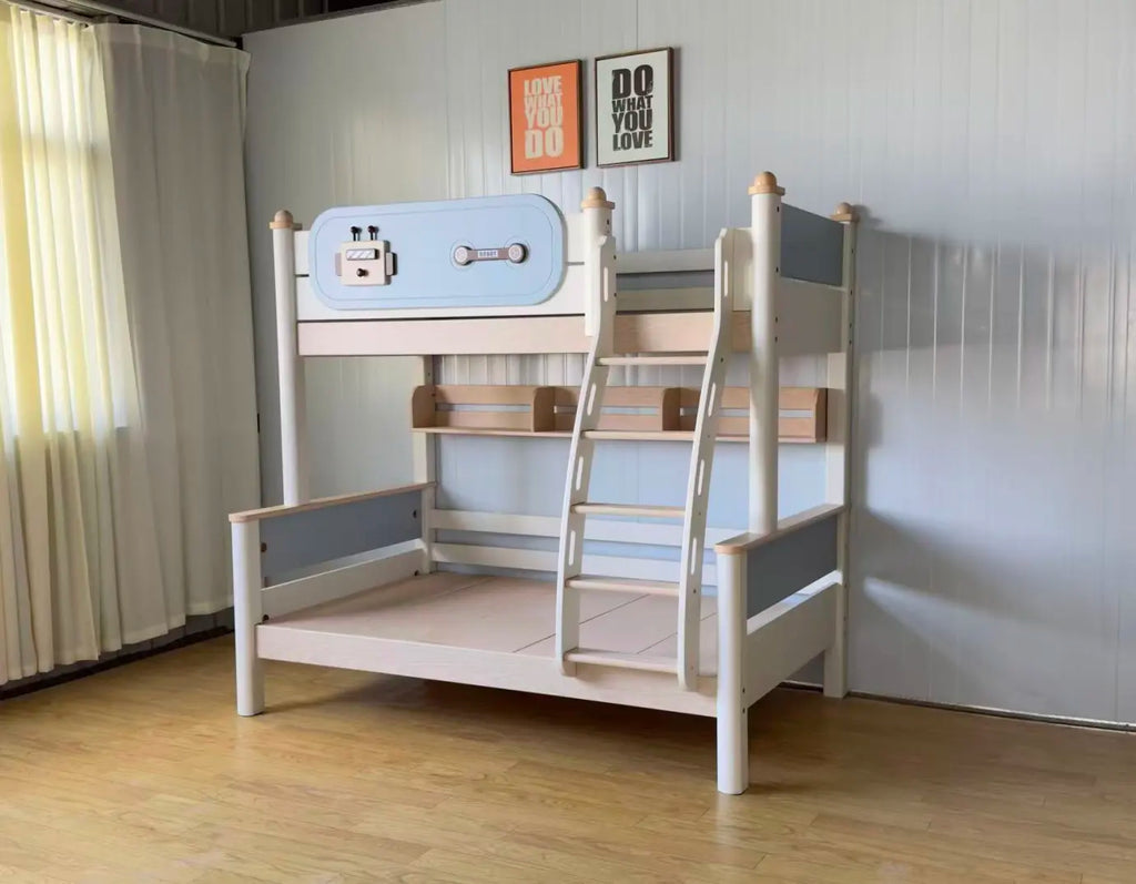 Model 6332 white and blue bunk bed with bookshelf