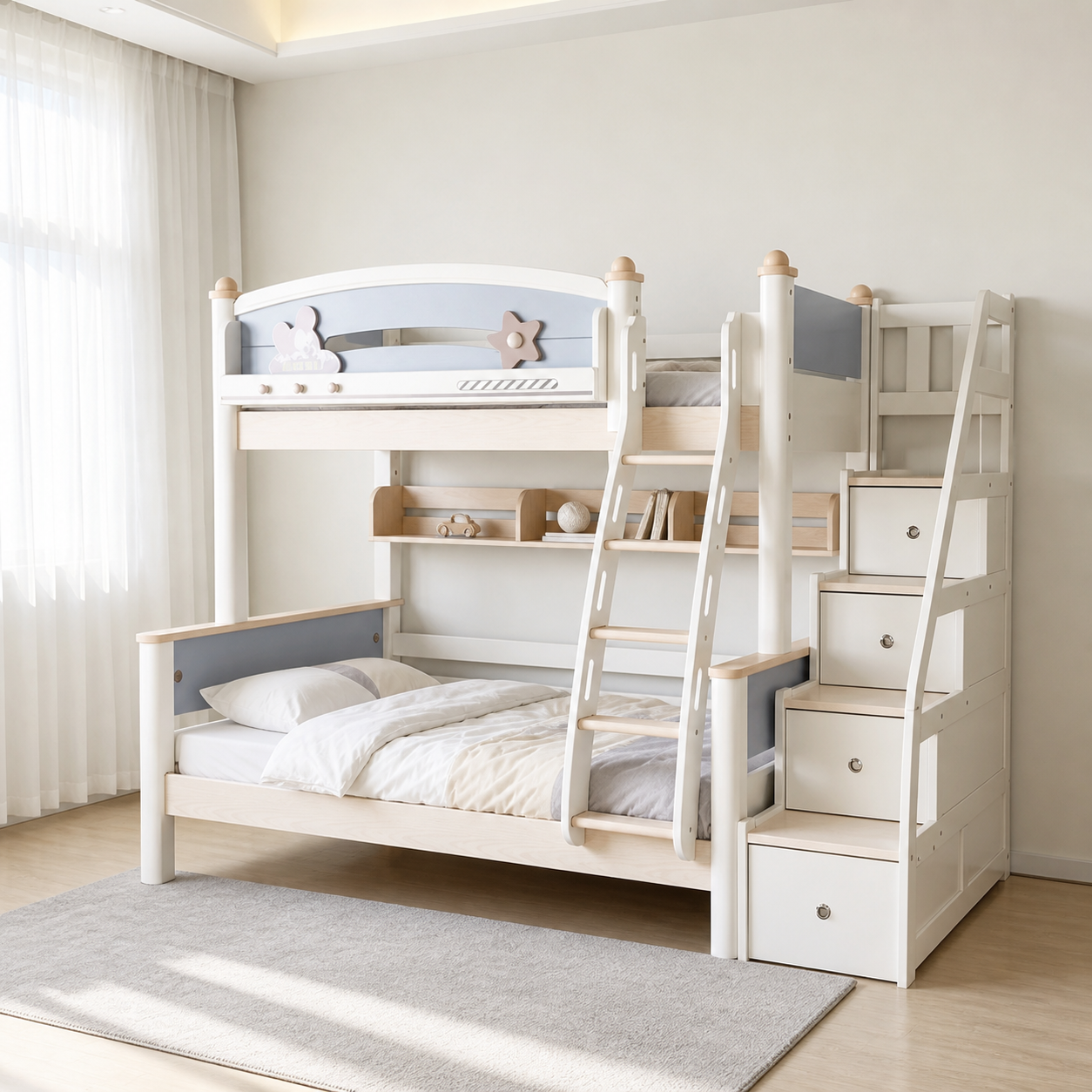 AI-generated configuration preview of Model 6335 with storage steps and bookshelf