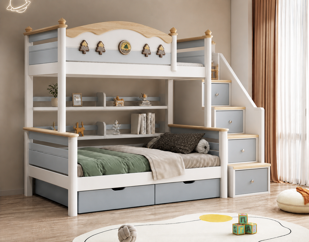 Model 6506 – Bed with Storage Steps, Bookshelf and Drawer configuration illustration