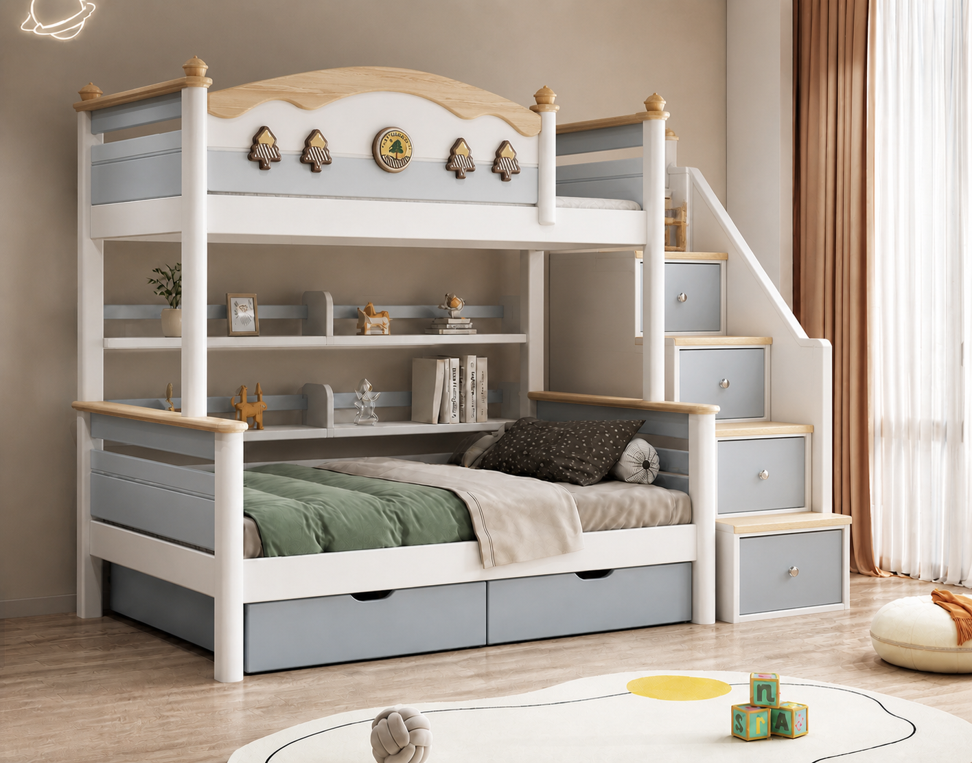 Model 6506 – Bed with Storage Steps, Bookshelf and Drawer configuration illustration