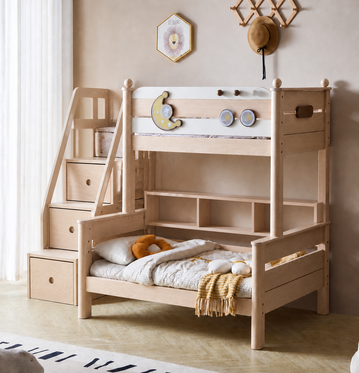 AI-rendered configuration preview — Model 8101 with storage steps and bookshelf