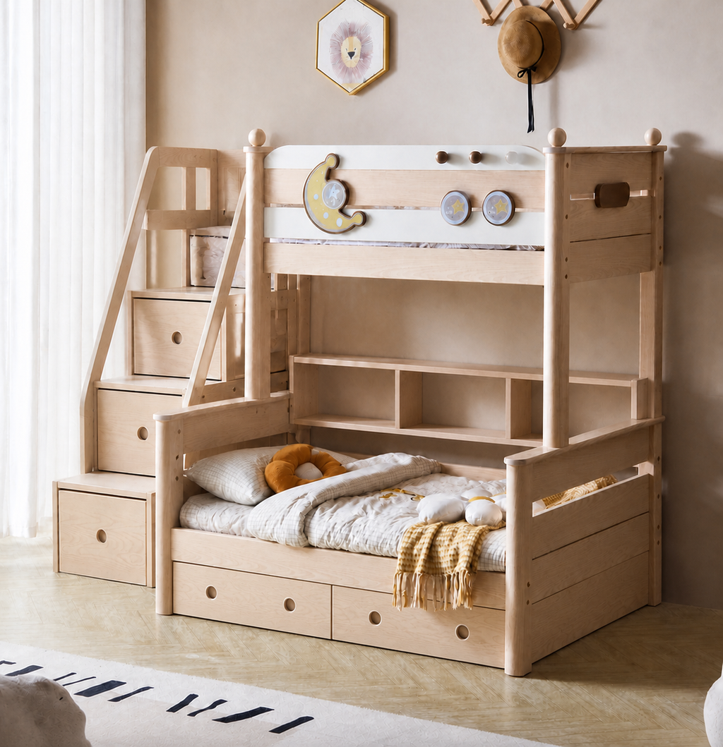 AI-rendered configuration preview — Model 8101 with storage steps, bookshelf and under-bed drawers
