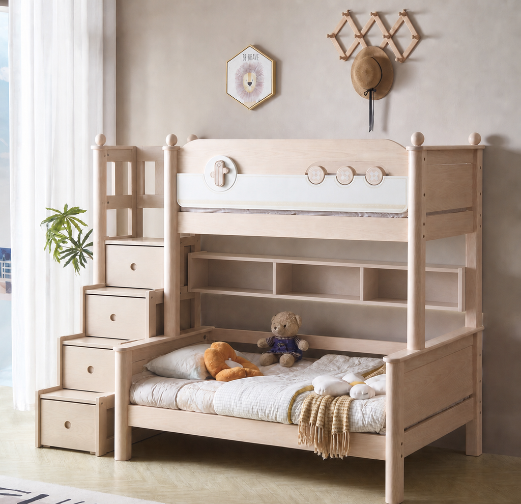 AI-rendered configuration preview — Model 8102 with storage steps and bookshelf