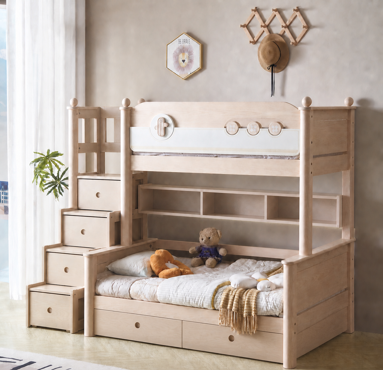 AI-rendered configuration preview — Model 8102 with storage steps, bookshelf and under-bed drawers