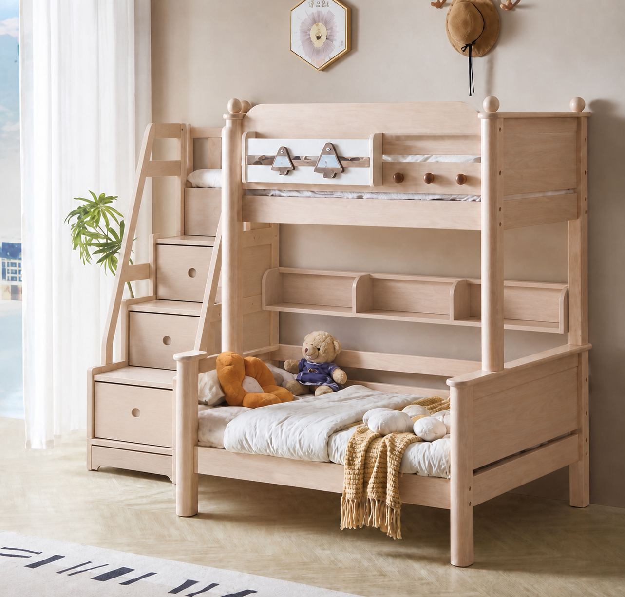 AI-rendered configuration preview — Model 8106 with storage steps and bookshelf