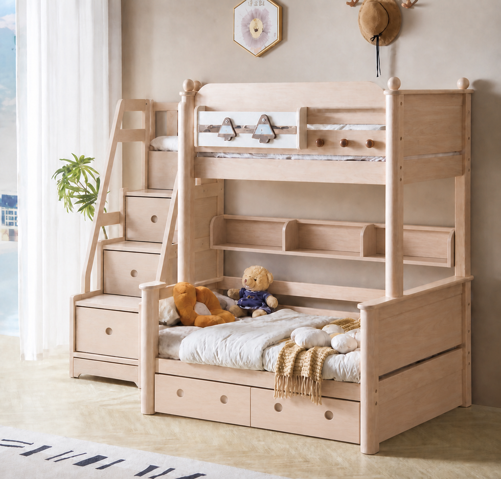 AI-rendered configuration preview — Model 8106 with storage steps, bookshelf and under-bed drawers