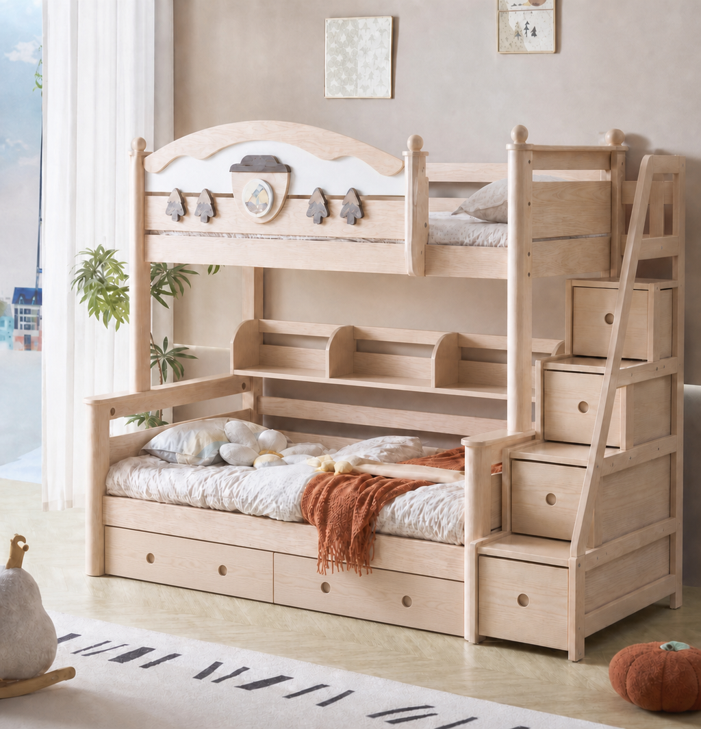 AI-rendered configuration preview — Model 8108 with storage steps, bookshelf and under-bed drawers