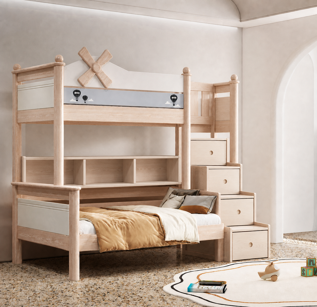 AI-rendered configuration preview — Model 8110 with storage steps and bookshelf