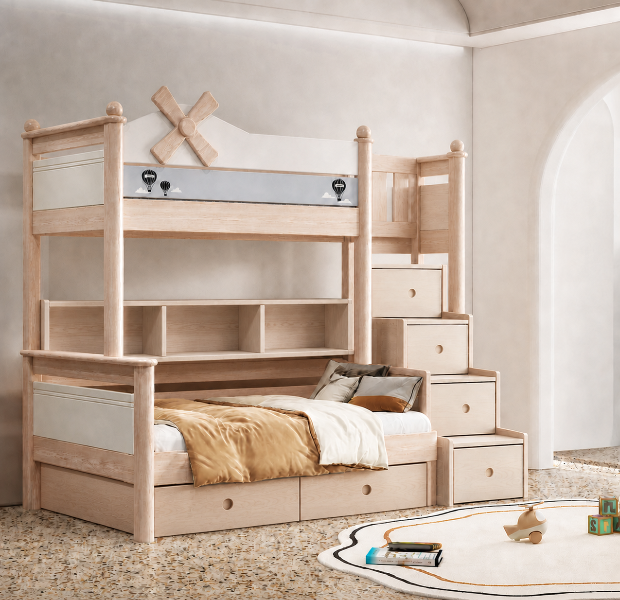 AI-rendered configuration preview — Model 8110 with storage steps, bookshelf and under-bed drawers