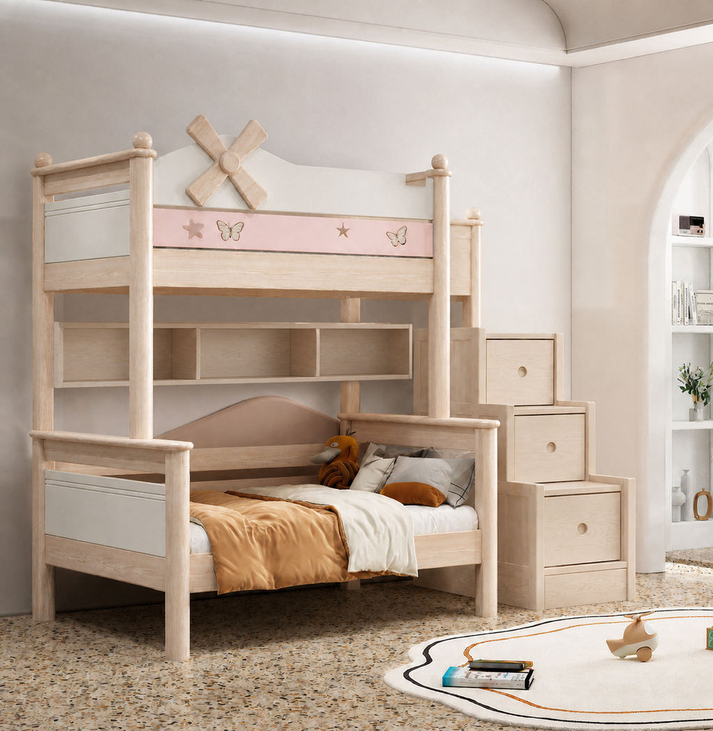 AI-rendered configuration preview — Model 8115 with storage steps and bookshelf