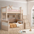 AI-rendered configuration preview — Model 8115 with storage steps, bookshelf and under-bed drawers