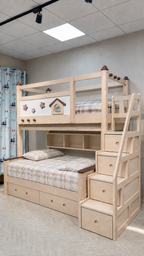 AI-rendered configuration preview — Model 8116 with storage steps, bookshelf and under-bed drawers