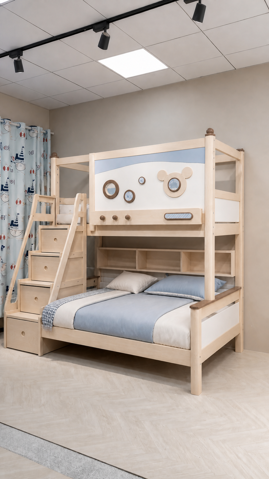 AI-rendered configuration preview — Model 8118 with storage steps and bookshelf