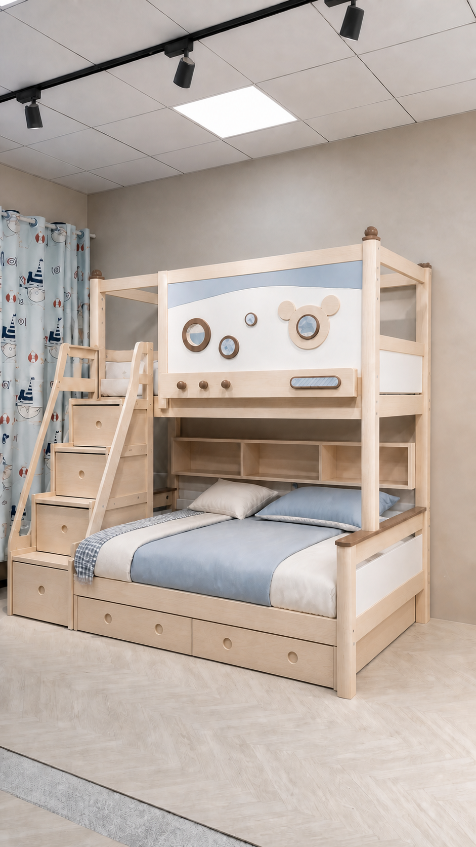 AI-rendered configuration preview — Model 8118 with storage steps, bookshelf and under-bed drawers