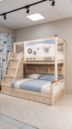 AI-rendered configuration preview — Model 8118 with storage steps, bookshelf and under-bed drawers