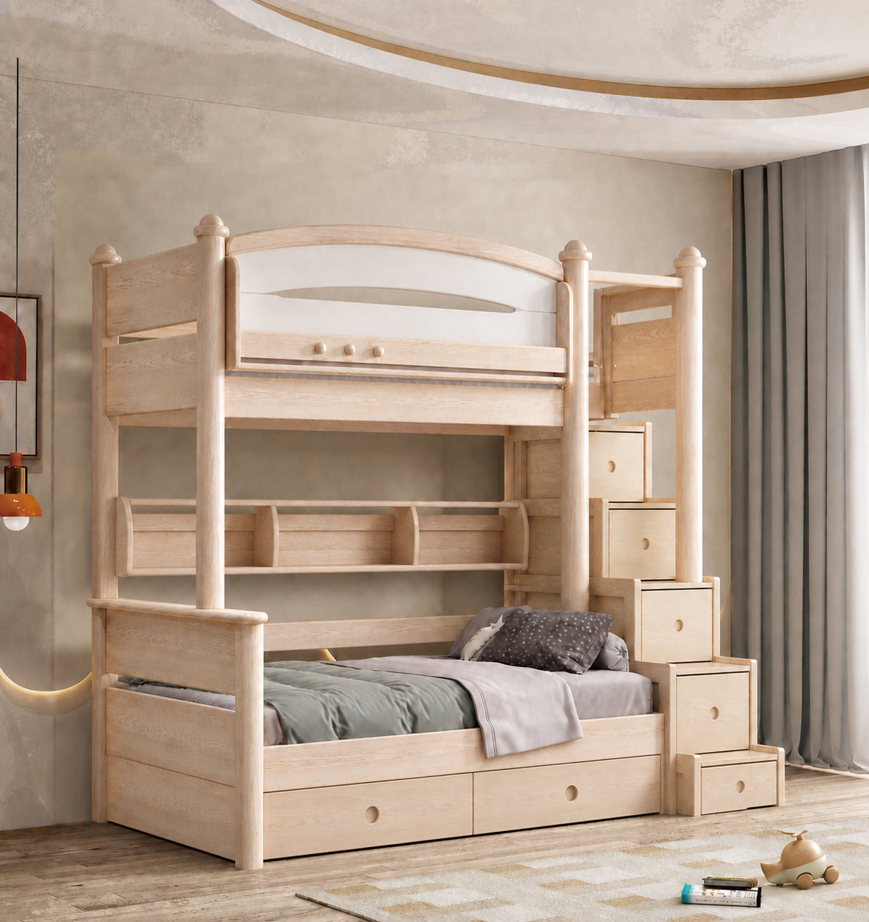 AI-rendered configuration preview — Model 8119 with storage steps, bookshelf and under-bed drawers