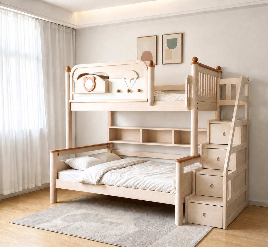 AI-rendered configuration preview — Model 8121 with storage steps and bookshelf