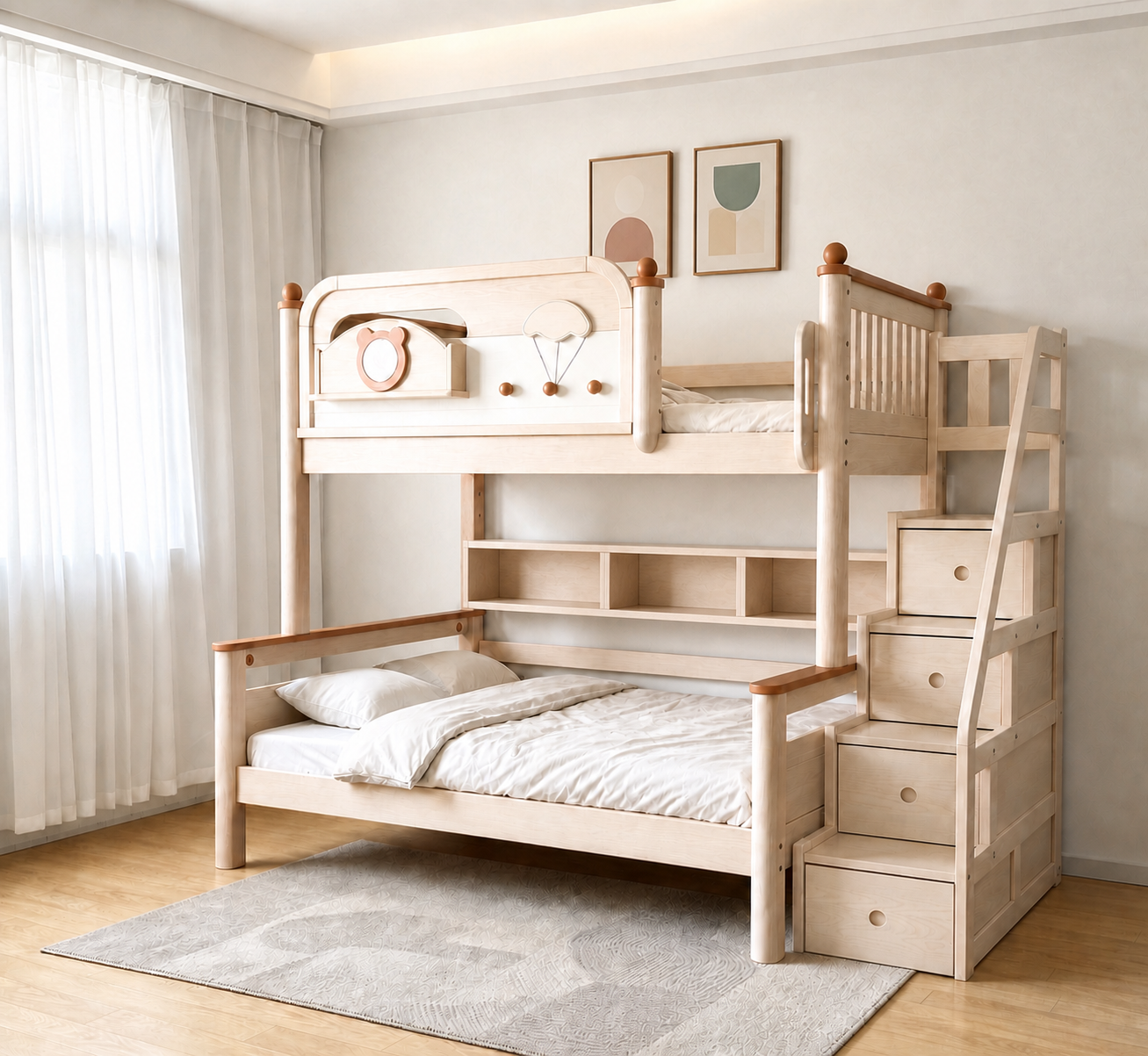 AI-rendered configuration preview — Model 8121 with storage steps and bookshelf
