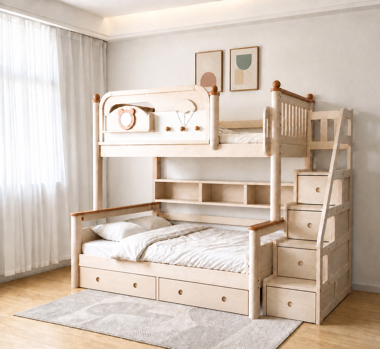 AI-rendered configuration preview — Model 8121 with storage steps, bookshelf and under-bed drawers