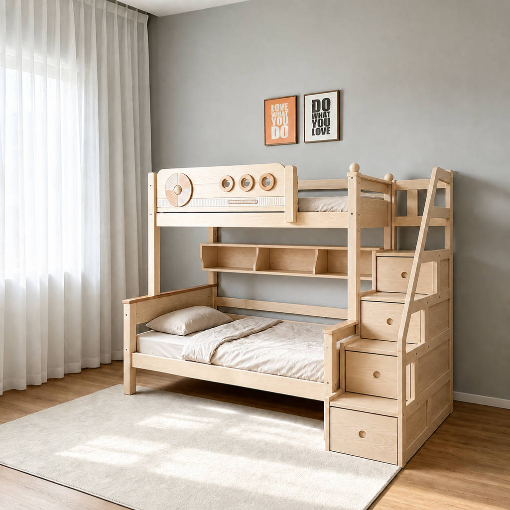 AI-rendered configuration preview — Model 8122 with storage steps and bookshelf
