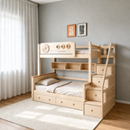 AI-rendered configuration preview — Model 8122 with storage steps, bookshelf and under-bed drawers