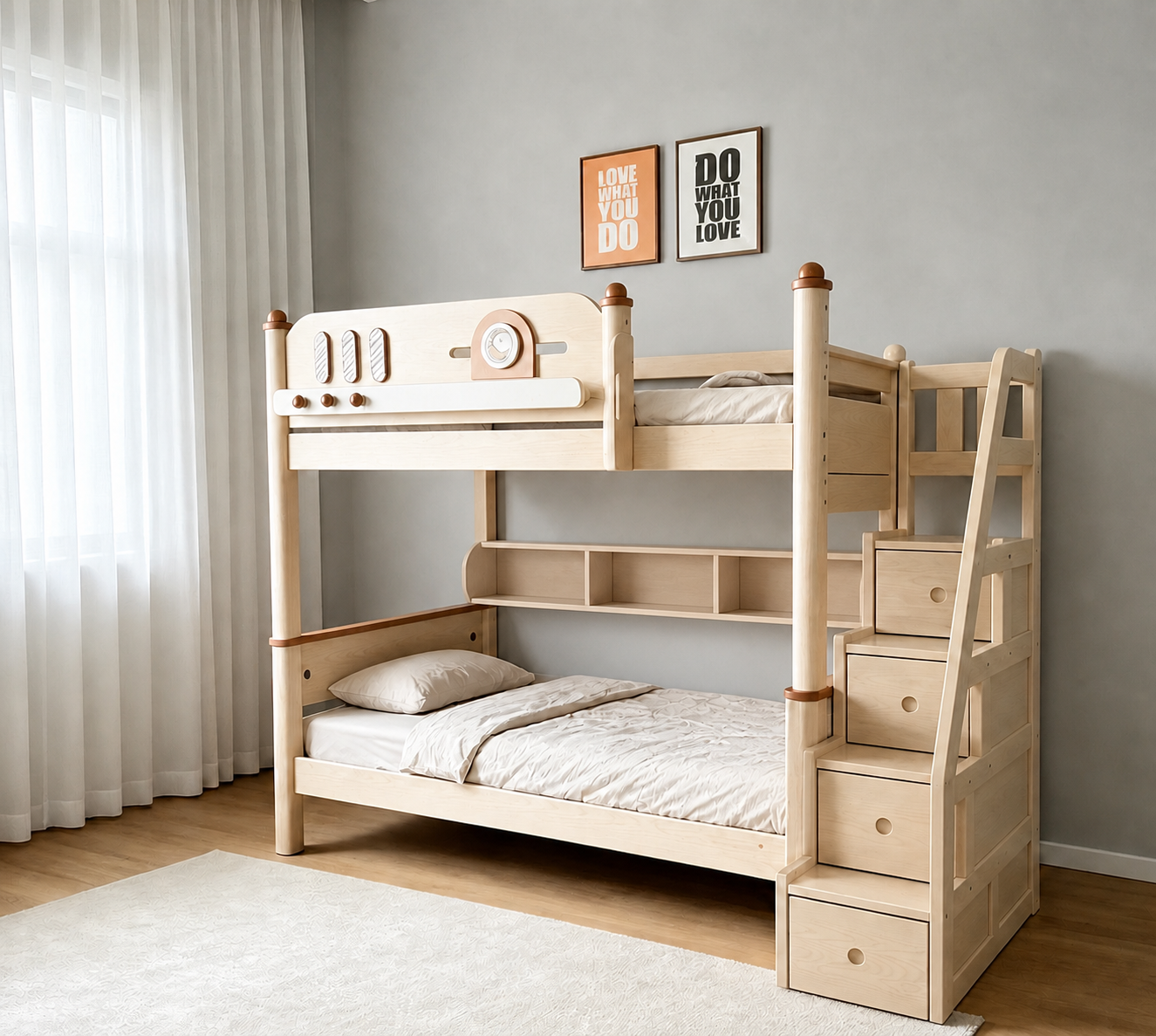 AI-rendered configuration preview — Model 8125 with storage steps and bookshelf
