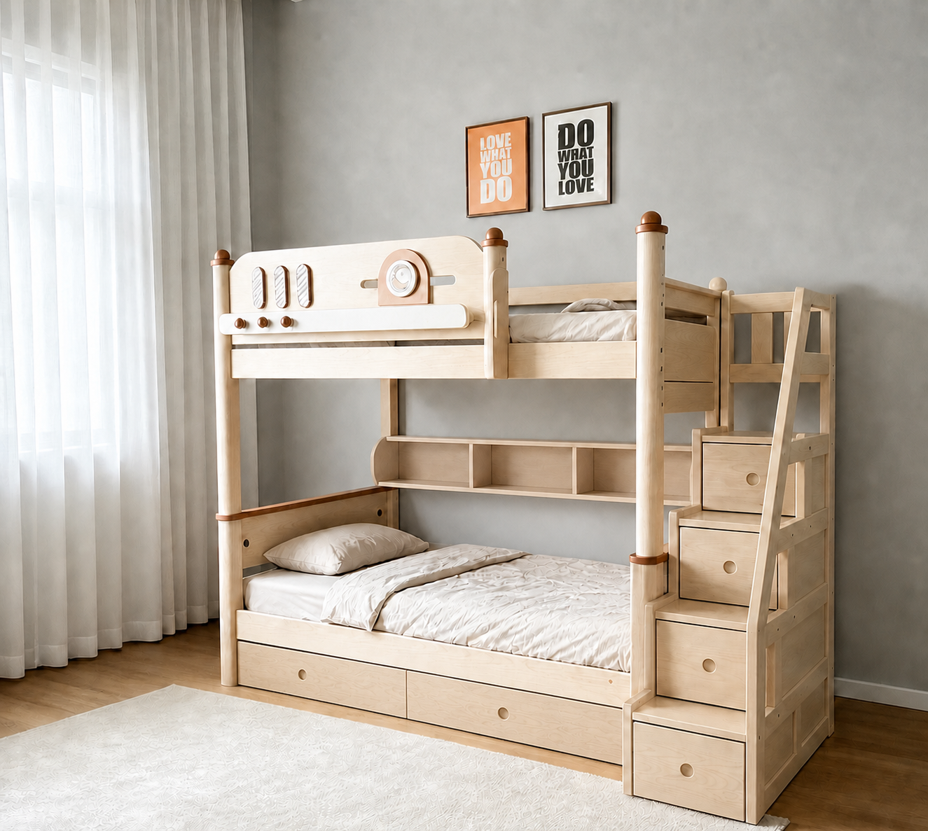 AI-rendered configuration preview — Model 8125 with storage steps, bookshelf and under-bed drawers