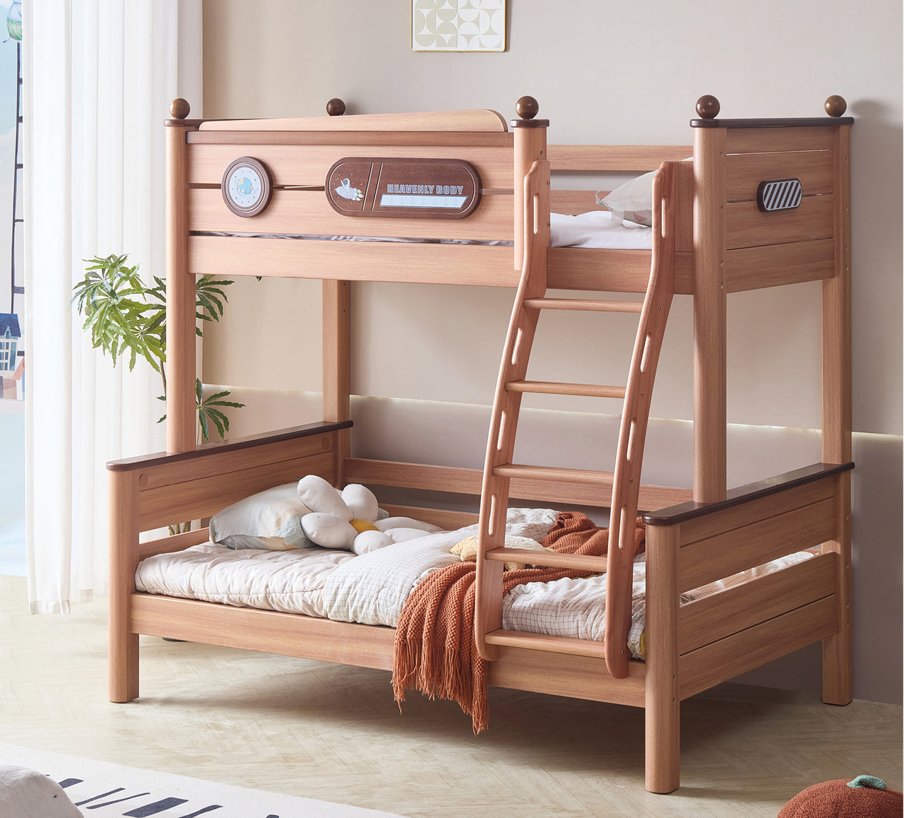 Model 9101 solid wood kids bunk bed in red walnut finish