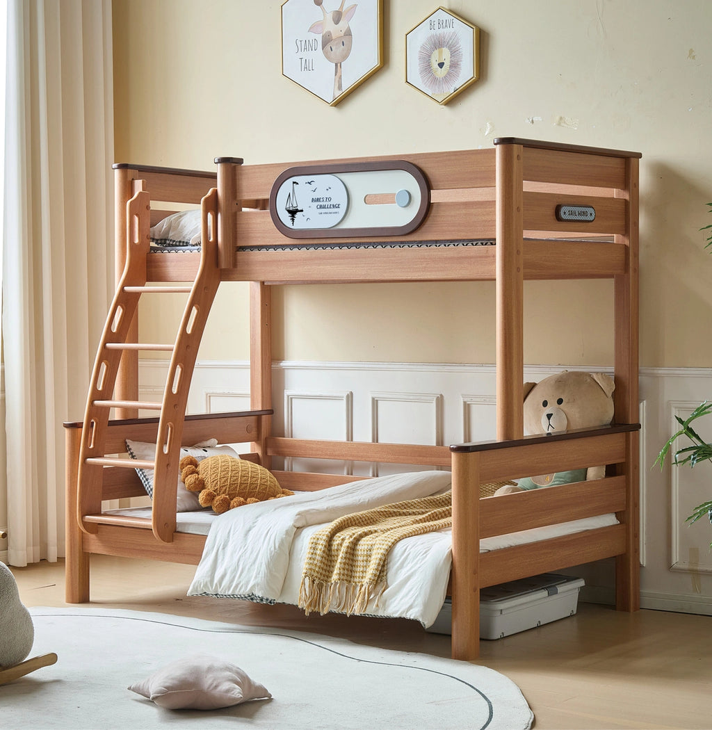 Model 9102 solid wood kids bunk bed in red walnut finish
