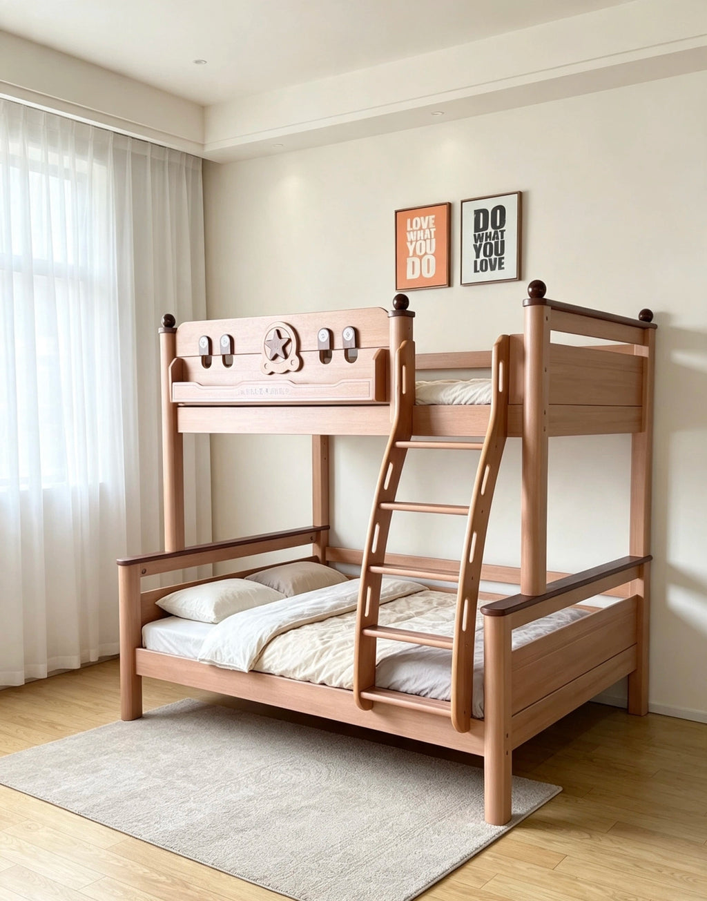 Model 9108 solid wood kids bunk bed in red walnut finish