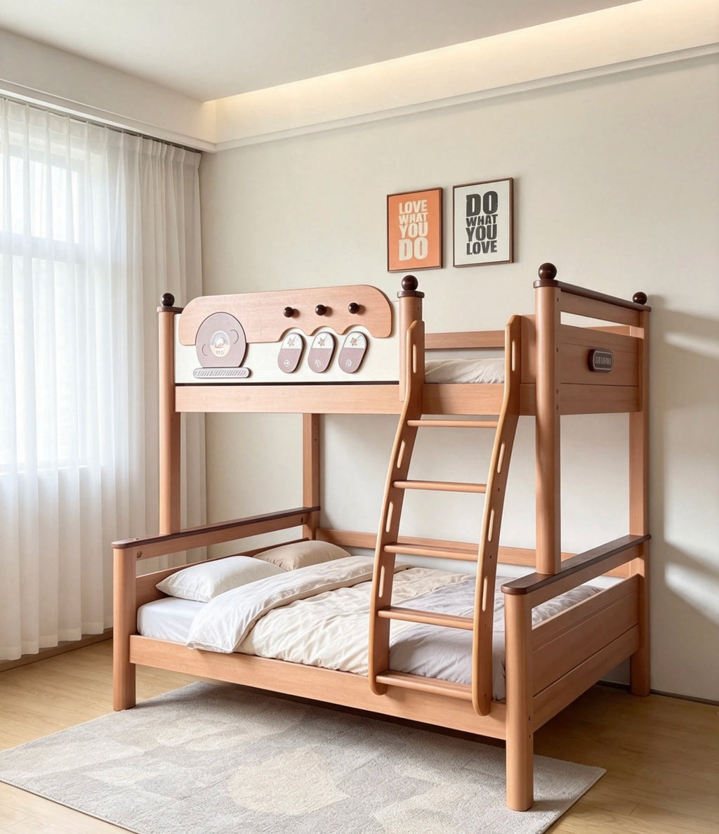 Model 9110 solid wood kids bunk bed in red walnut finish