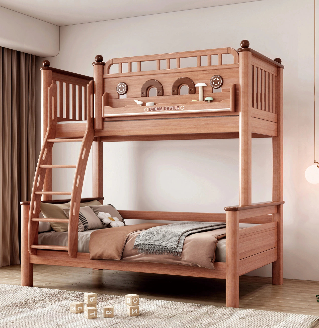 Model 9112 solid wood kids bunk bed in red walnut finish