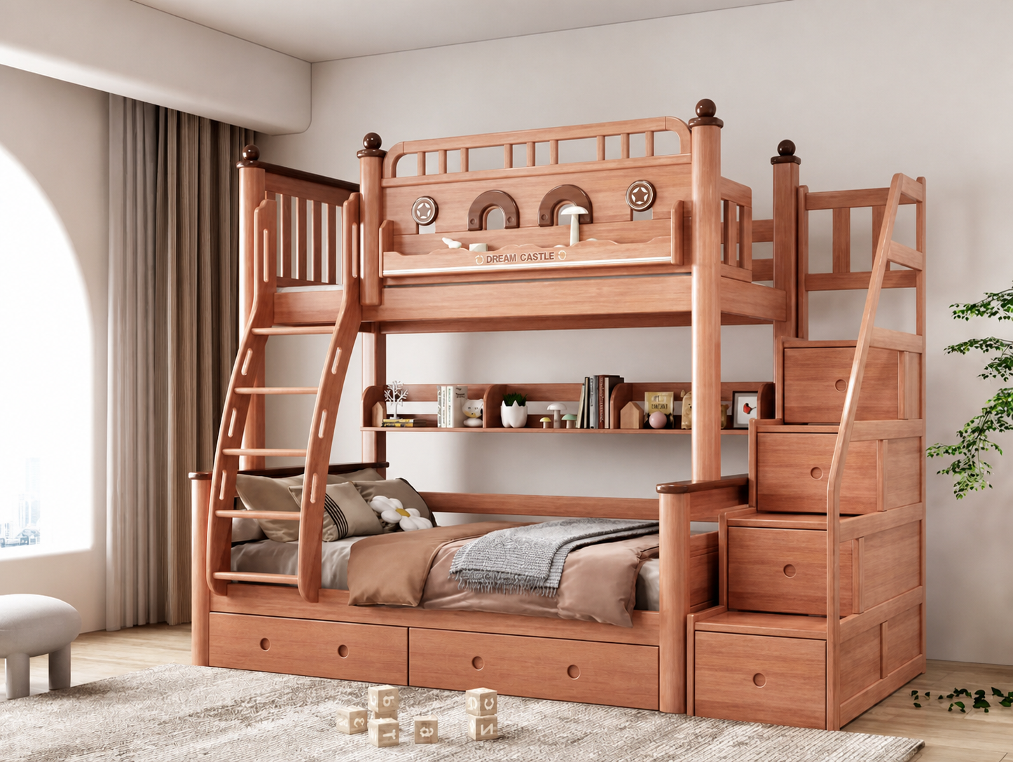 Model 9112 – Package 4 – Bed + Storage Steps + Bookshelf + Drawer