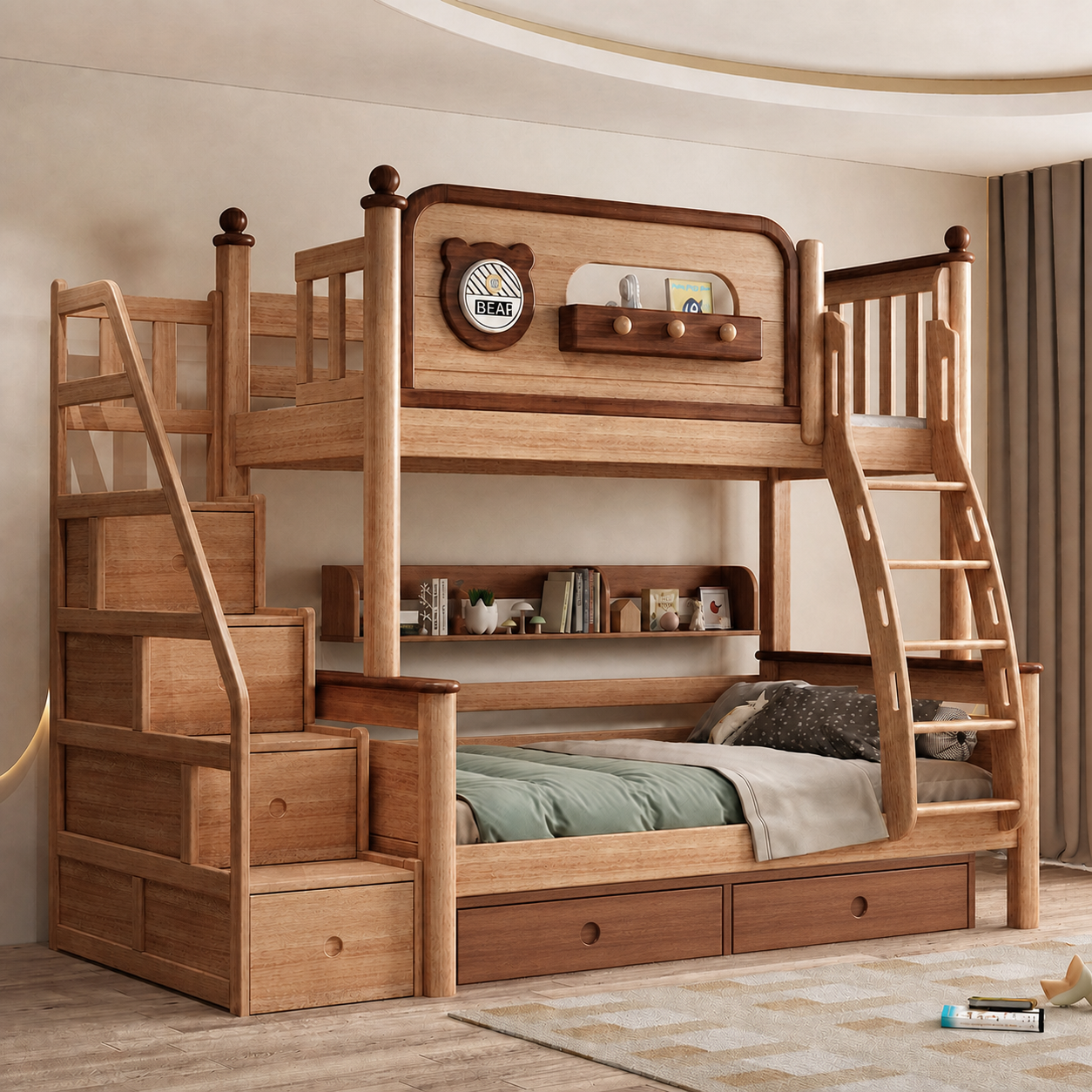 Model 9115 – Package 4 – Bed + Storage Steps + Bookshelf + Drawer