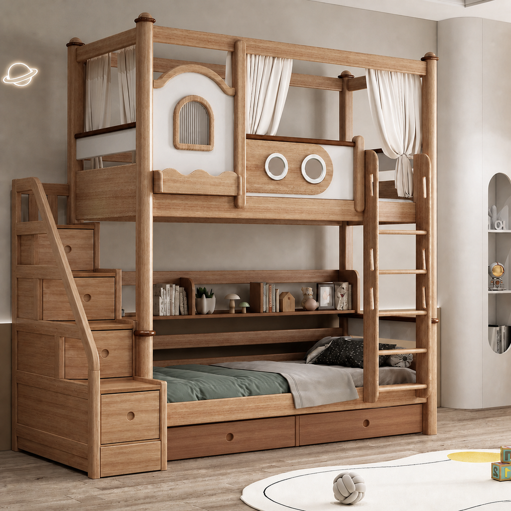 Model 9116 – Package 4 – Bed + Storage Steps + Bookshelf + Drawer
