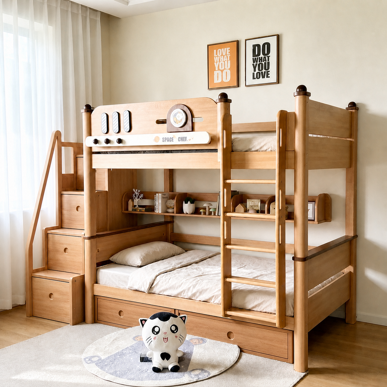 Model 9121 – Package 4 – Bed + Storage Steps + Bookshelf + Drawer