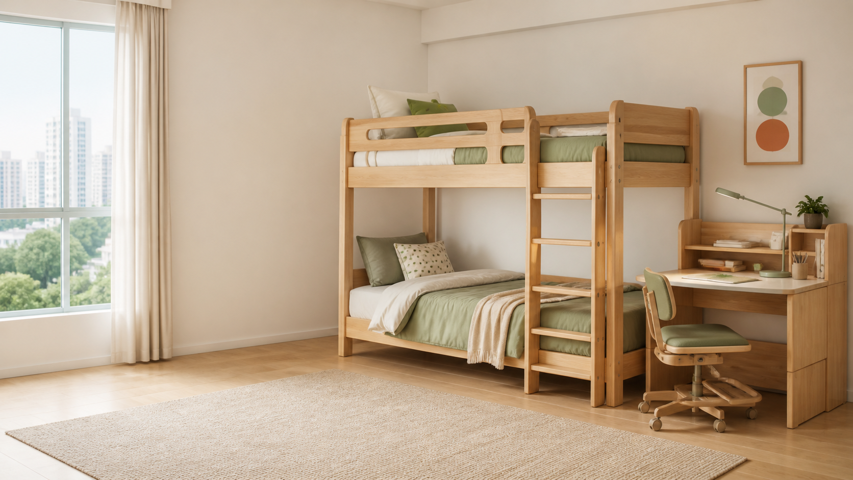 Warm modern children's bedroom with a wooden bunk bed and study desk