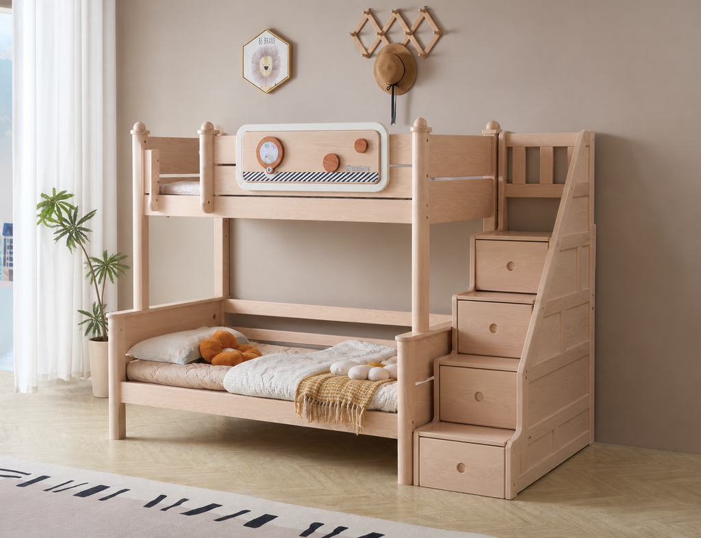 Model 8109 bed with storage steps in ash finish — AI-rendered configuration preview