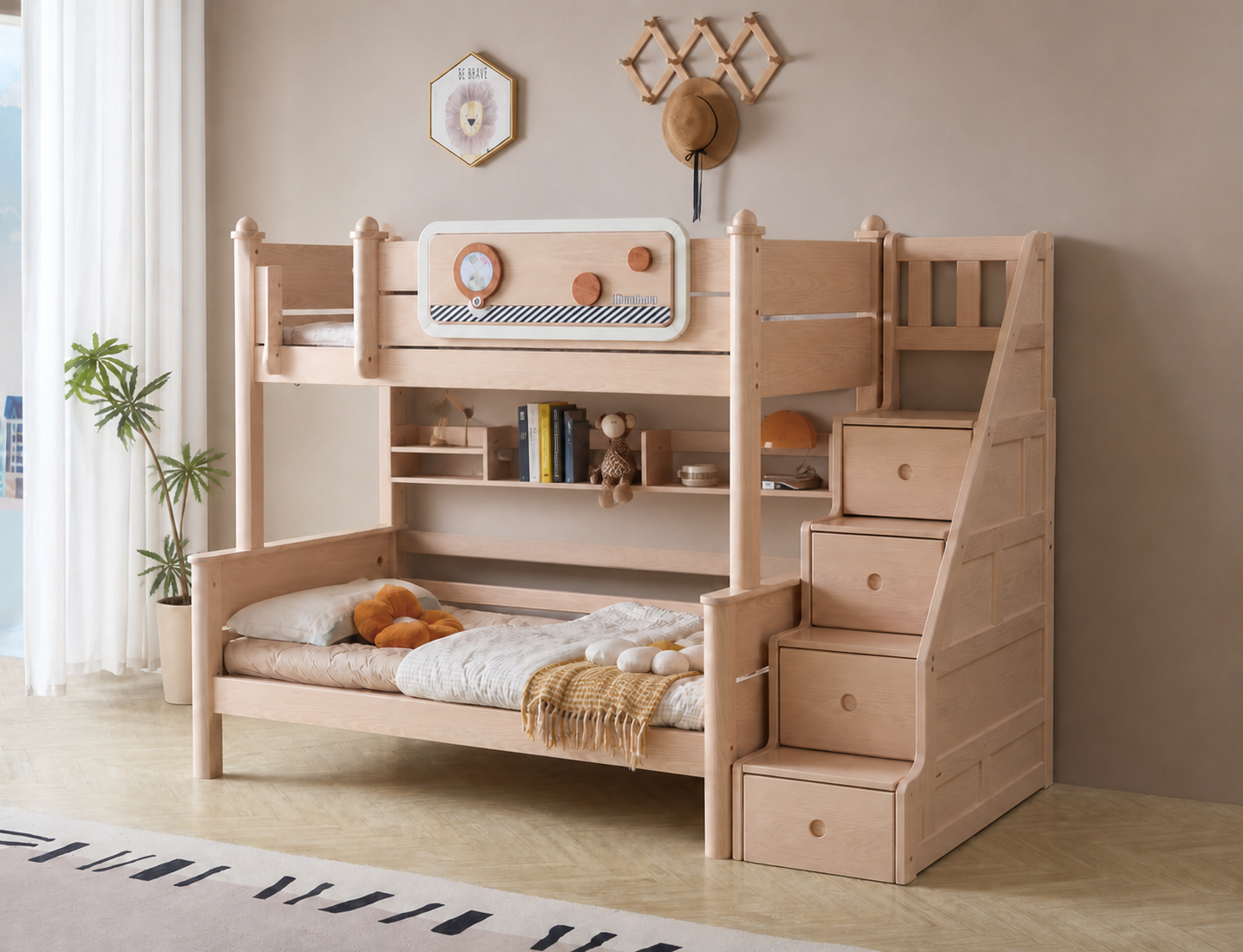 Model 8109 bed with storage steps and bookshelf in ash finish — AI-rendered configuration preview
